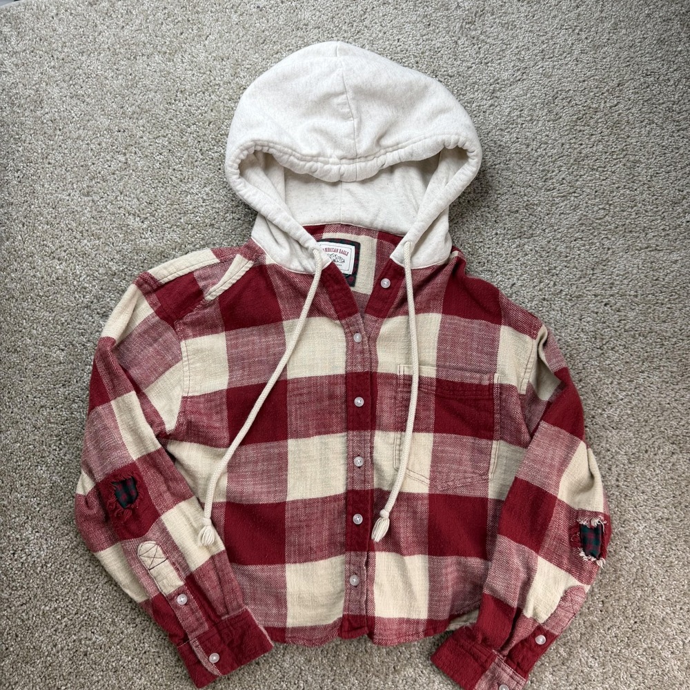 American Eagle Outfitters Shirt Womens Small Red Plaid Hooded Flannel Button Up